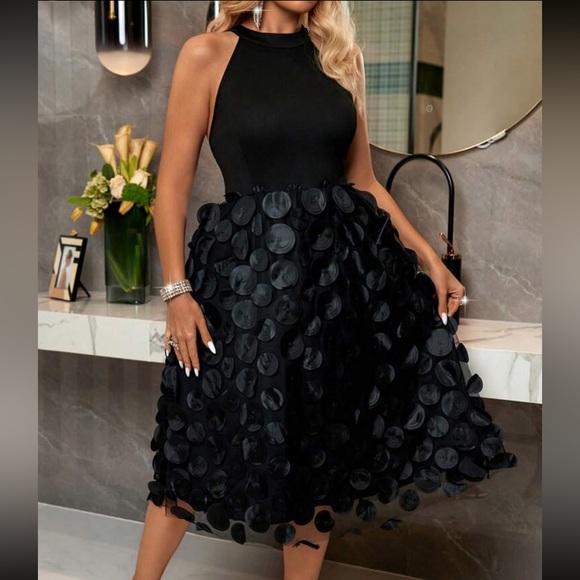 Luxe Plus Size Mesh Appliqué Lace Sleeveless Evening Party Dress Black No BELT - Picture 3 of 3